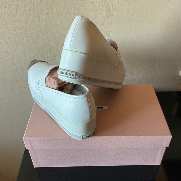 Miu Miu Prada New! ❤️ White Nappa Leather Metal Point Cap Platform Sneak… - Picture 8 of 16